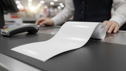 Clean, minimalist close-up photograph of a partially unrolled blank thermal receipt paper positioned on a sleek black checkout counter alongside a modern card payment terminal, subtly blurred retail