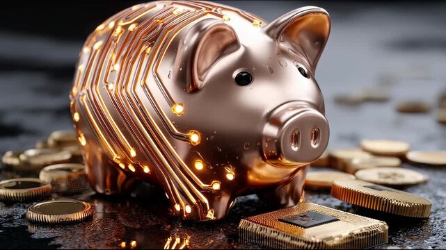 Piggy bank with circuit board pattern surrounded by coins digital savings concept