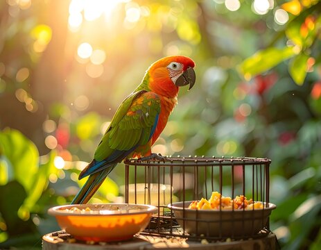 Colorful macaw parrot perched on cage in sunny, lush greenery
