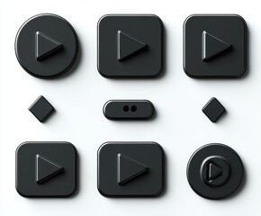 Sleek minimalist grid of glossy black media buttons: rounded squares and circles with triangular play icons, small diamond markers and a central pill control conveying modern calm