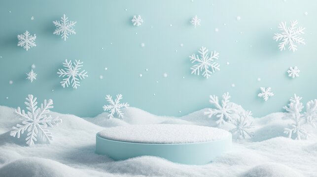 Christmas tree with white snowdrift,snowflakes,snow land,podium with bauble,Christmas theme stage podium mock up for product placement,Happy New Year. Celebrate party,Xmas Poster,web banner,festive.