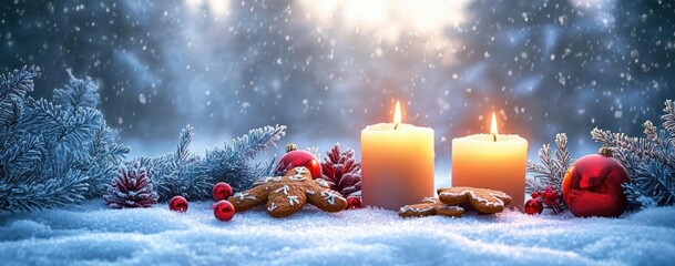 two glowing candles in fresh snow surrounded by frosted fir branches, gingerbread cookies, red baubles, pine cones and berries as gentle snow falls, evoking a warm cozy festive mood
