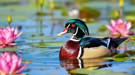 A magnificent wood duck swims calmly foraging amidst vibrant pink water lilies with clear water