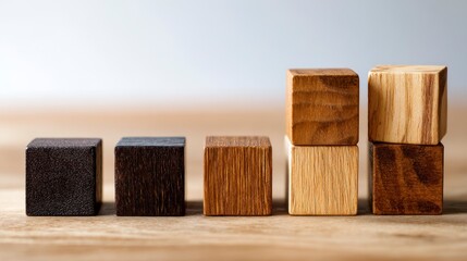 Wooden blocks of varying wood tones are arranged in a growing bar chart on a wood surface, with a blurred light background