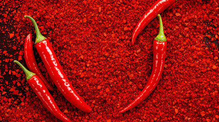 Fiery fresh red chili peppers gleam against a vibrant backdrop of crushed flakes evoking intense