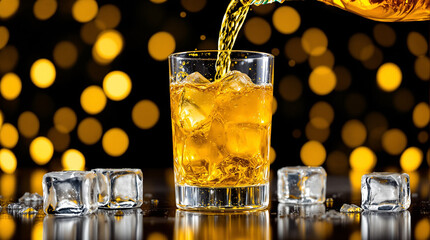 Golden spirit pouring into icy glass symbolizing festive cheer and refreshing moments against a