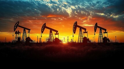 Row of oil pumpjacks silhouetted against a fiery sunset over a grassy field with dramatic clouds, glowing horizon conveying industrial solitude and dusk atmosphere