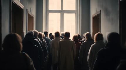 Crowd of people walking towards bright light in a hallway.