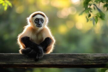 Young golden-furred monkey sitting on a wooden rail, arms crossed, bathed in warm backlight with soft green bokeh, calm and contemplative mood