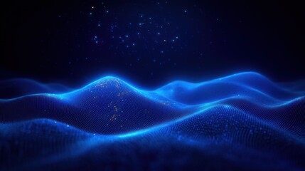 serene glowing blue digital landscape of undulating dotted mesh waves with scattered golden particles and star-like lights in a futuristic night sky