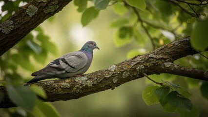 A solitary pigeon perched on a tree branch amidst lush green foliage.