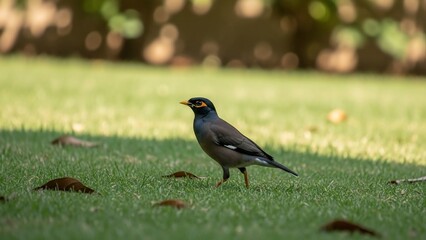 Obraz premium A solitary bird stands on a lush green lawn with scattered leaves.