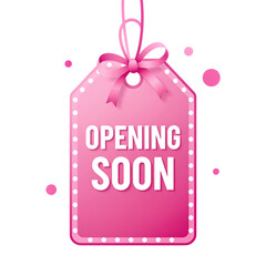 Pink opening soon tag with ribbon and dotted border.