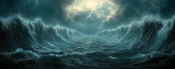 Towering storm waves forming a vast watery corridor beneath brooding clouds with a distant shaft of light, dramatic and ominous ocean energy