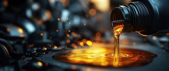 golden engine oil pouring from a bottle onto metal machinery with warm glowing reflections and a focused, precise industrial atmosphere