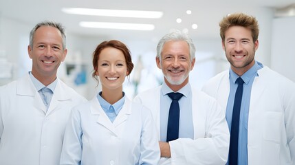 Fototapeta premium Dedicated Medical Team Smiling in Hospital Setting.