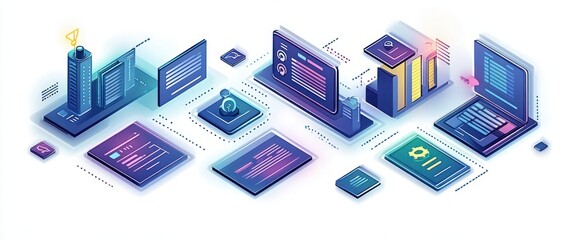 isometric layout of glowing devices, servers, monitors, laptops and tablets connected by dotted lines with code screens and a user avatar, conveying collaborative futuristic tech energy