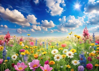 Fototapeta premium A lush meadow filled with vibrant spring flowers in soft pastel colors
