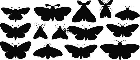 Moth silhouettes, insect icons, entomology design, wing patterns, biodiversity clipart, nature illustration, vector insects, artistic moth shapes © Hey There