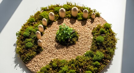 Miniature Moss Garden Diorama with Wooden Mushrooms, Gravel Path, and Green Plant on White Background