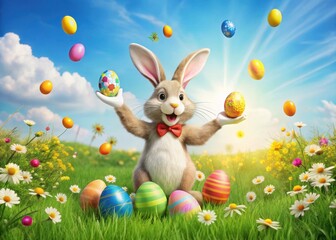 Colorful Easter bunny juggles decorated eggs in a sunny meadow filled with vibrant wildflowers and green grass