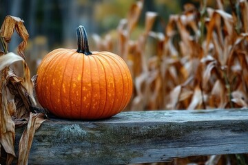 single orange pumpkin resting on a weathered wooden fence with dried cornstalks in the background, a peaceful nostalgic autumn harvest scene