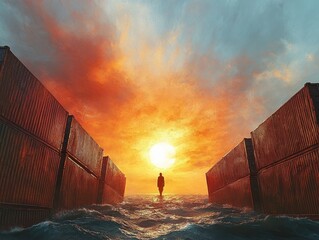 Solitary figure walking on choppy sea between towering stacked shipping containers toward a blazing sun at sunset, dramatic sky evoking solitude and determination