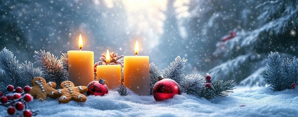 three glowing candles, gingerbread cookies and red ornaments on snowy fir branches in a peaceful, cozy winter forest with falling snowflakes