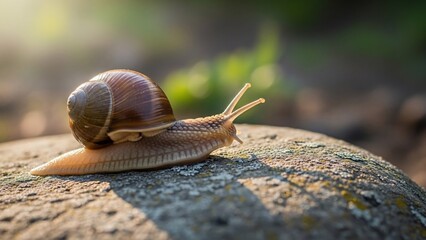Close-up Macro Shot of a Snail Crawling on a Textured Rock in Soft Sunlight.