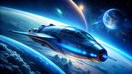 Futuristic spaceship in sci-fi style with blue neon lighting on metallic surface for gaming background
