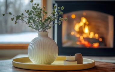 round ceramic vase with dried wildflowers on a yellow tray with candles on a wooden table by a glowing fireplace and snowy window, warm cozy atmosphere