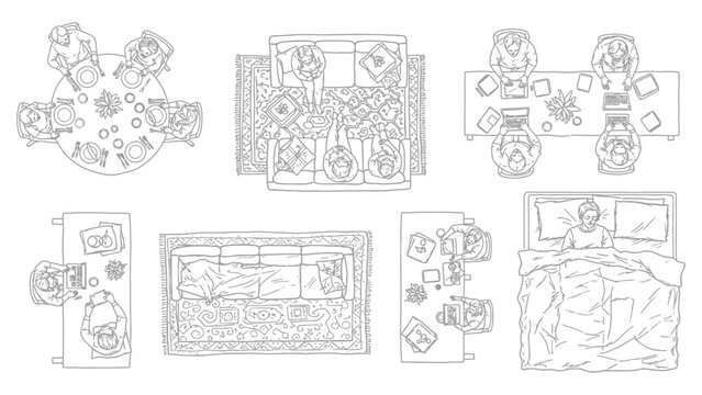 Architectural plan vector set of people sleeping in beds, top view illustration