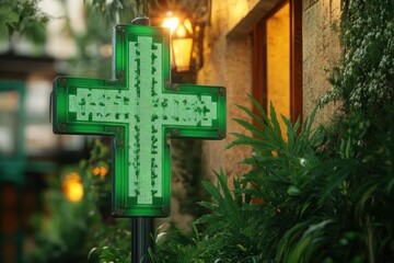 Illuminated green cross LED pharmacy sign on a pole beside a stone storefront window and warm lantern, surrounded by lush plants and calm evening glow