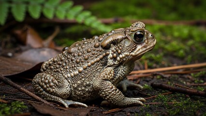 Obraz premium Close-up of a common toad sitting on mossy ground in a forest.