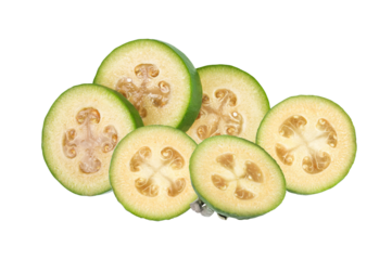 vibrant photograph of fresh feijoa fruit slices arranged to display their juicy texture and unique star-shaped seed pattern for nutritional content promotions.