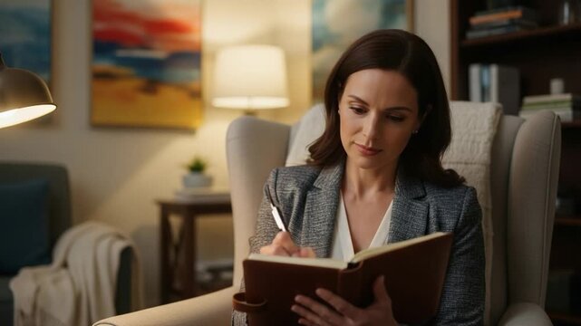 Professional Woman Writing in a Notebook in a Cozy Office Setting with Soft Lighting and Artistic Decor