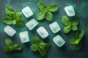 Frosted mint candy cubes scattered with fresh green mint leaves on dark textured surface, evoking a cool refreshing aroma