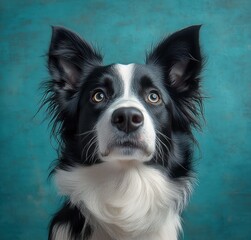 black and white dog portrait looking upward with attentive curious expression against teal textured backdrop