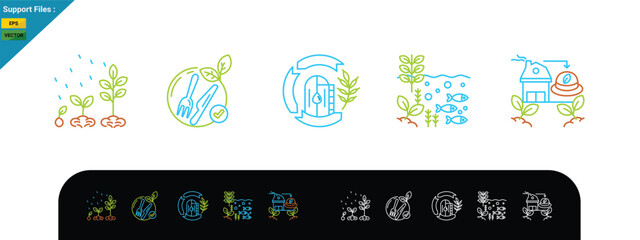 Sustainable food systems focus on nurturing growth, eco-friendly eating, resource efficiency, biodiversity, and local production. two line color set
