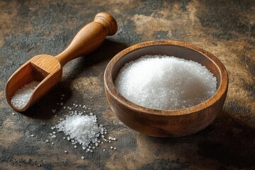 rustic wooden bowl and scoop filled with coarse white salt on a textured tabletop, warm inviting kitchen still life