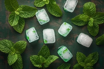 top view of fresh mint leaves and ice cubes scattered on dark textured surface, cool refreshing and invigorating summer vibe