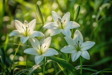 Four white lilies in bloom with two unopened buds among green leaves and grass bathed in warm sunlight, evoking a tranquil serene morning garden moment
