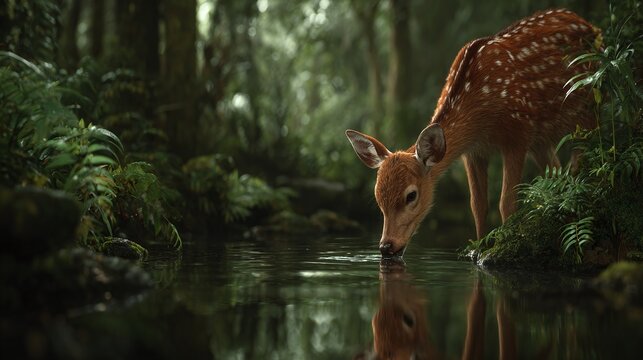 Young deer drinking water in lush forest, serene nature silhouette - Powered by Adobe