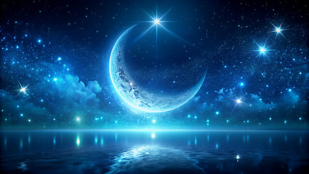 Crescent Moon in Mystical Night Sky with Celestial Glow and Starry Reflections on Calm Water for Astrology