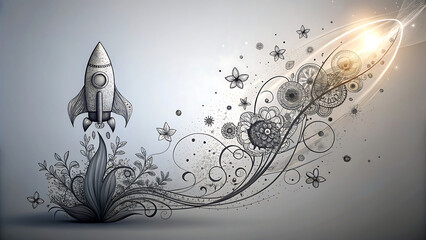 Rocket Launching with Floral Swirl in Monochrome Sketch Style with Bright Lighting for Startup