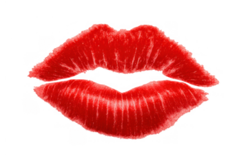 Red lips kiss imprint with fuzzy texture symbolizing love, passion, romance, and valentine's day on transparent background