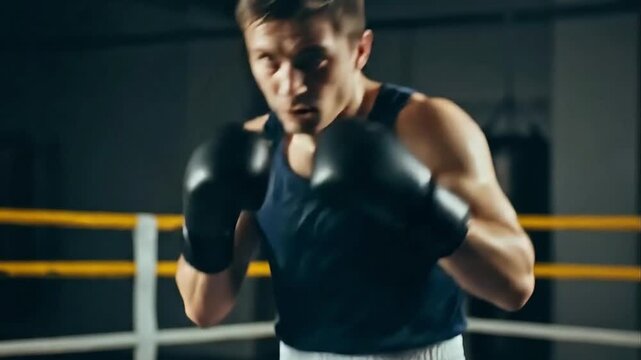 Focused young male boxer shadowboxing in the ring with black gloves practicing punches during gym workout session