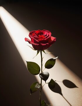 a lonely red rose with a ray of sunshine shining on it
