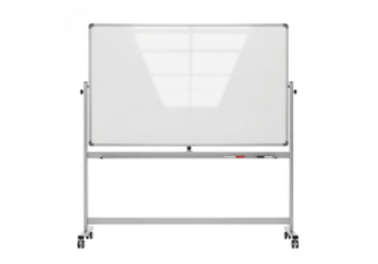 Double-sided whiteboard on wheels with metal frame for teaching and presentations on transparent background