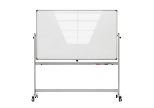 Double-sided whiteboard on wheels with metal frame for teaching and presentations on transparent background